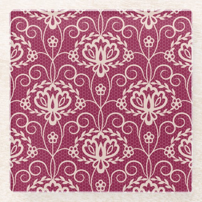Floral Elegance: Red Lace Pattern Glass Coaster (Front)