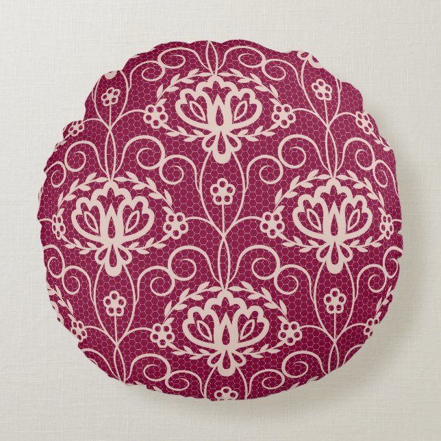 Floral Elegance: Red Lace Pattern Round Cushion (Front)