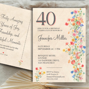 Floral Elegant 40th Birthday, Wildflowers 40 Years Invitation Postcard