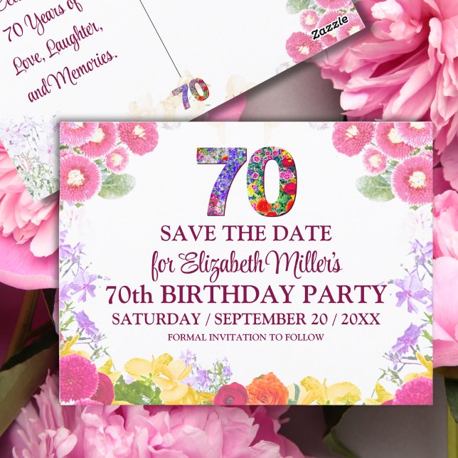 Floral Elegant 70th Birthday Save The Date 70 Postcard (Creator Uploaded)