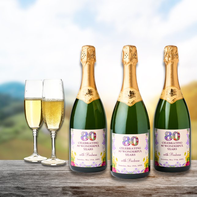 Floral elegant 80th birthday bottle flower 80 year sparkling wine label (Creator Uploaded)