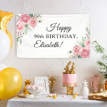 Floral elegant 90th birthday party  banner<br><div class="desc">Stylish pink roses,  feminine floral Happy 90th birthday party decorations - name personalized banner.</div>