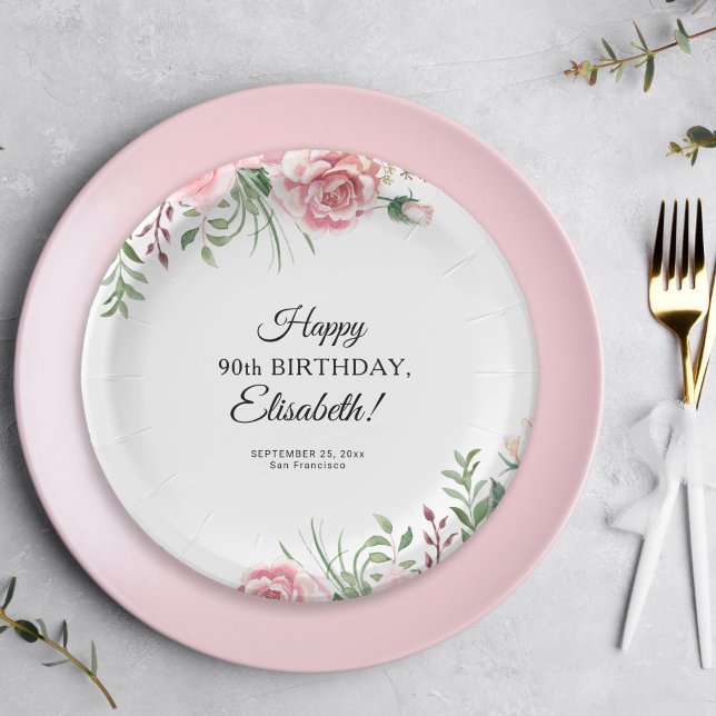 Floral elegant 90th birthday party  paper plate (Creator Uploaded)