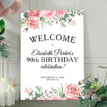 Floral elegant 90th birthday party welcome  poster<br><div class="desc">Elegant pink flowers,  feminine floral 90th birthday party welcome sign poster. Easy to personalize with your celebration details. Digital download available.</div>