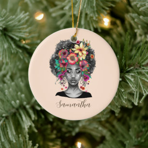 Floral Elegant Afro Woman Ceramic Ornament