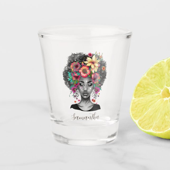 Floral Elegant Afro Woman Shot Glass (Front)