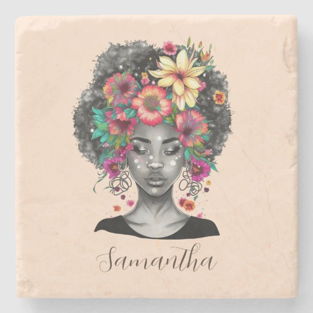 Floral Elegant Afro Woman Stone Coaster (Front)