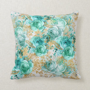 floral elegant aqua gold hampton coastal cushion