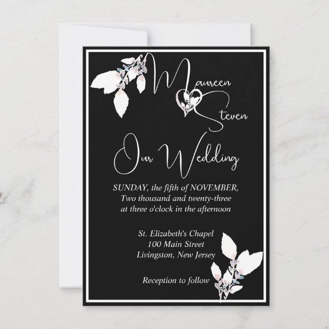 Floral Elegant Black and White Wedding Invitation (Front)