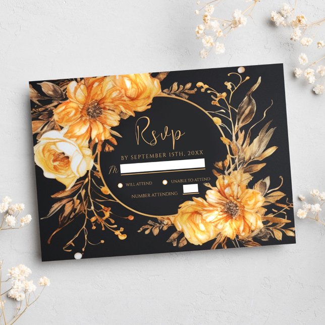 Floral Elegant Black Fall Wedding RSVP Card (Floral Elegant Black Fall Wedding RSVP Card)