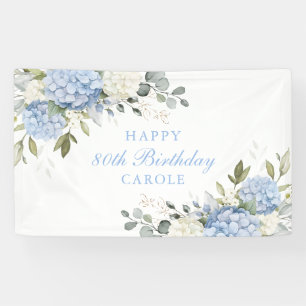 Floral Elegant Blue Hydrangea 80th Birthday Party Banner