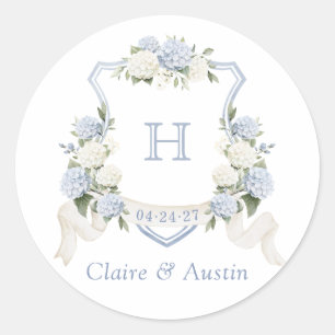 Floral Elegant Blue Hydrangea Crest Envelope Classic Round Sticker