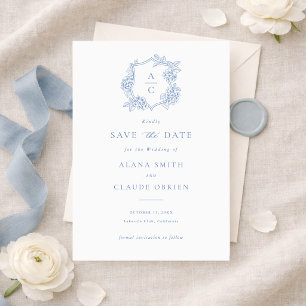 Floral Elegant Blue Hydrangea Crest Save the Date Invitation