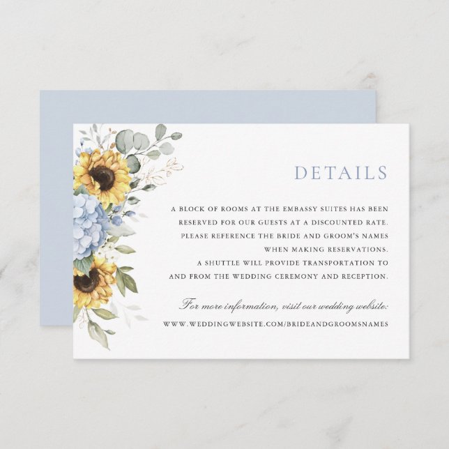 Floral Elegant Blue Hydrangea Sunflowers Details Invitation (Front/Back)