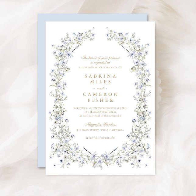 Floral Elegant Blue Wreath Wildflowers Wedding Invitation (Creator Uploaded)