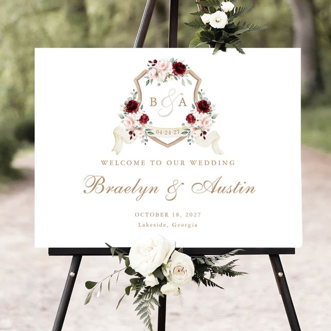 Floral Elegant Blush Burgundy Crest Welcome Sign (Creator Uploaded)