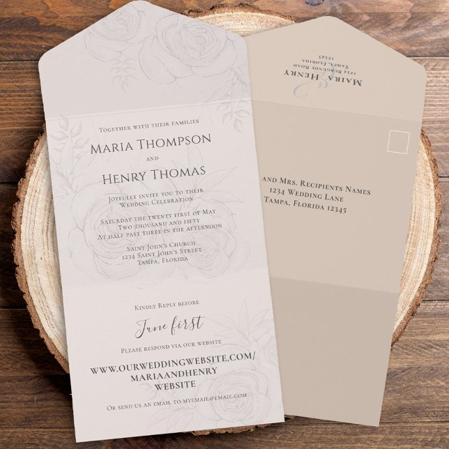Floral Elegant Blush Simple Guest Addressed All In One Invitation (Blush floral All in One Wedding Invitation.)
