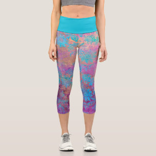 Floral elegant boho blue purple gold pink capri leggings