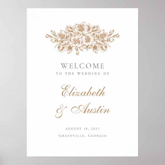 Floral Elegant Botanical Gold Wedding Welcome Sign (Front)
