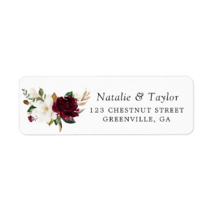 Floral Elegant Burgundy Magnolia Greenery Wedding Return Address Label