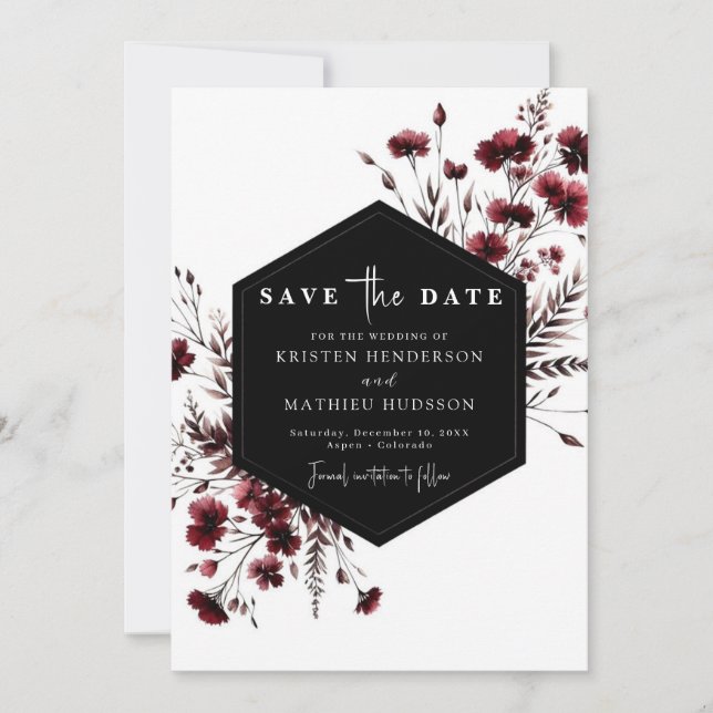 Floral Elegant Burgundy Wedding Save The Date (Front)