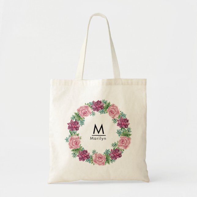 Floral Elegant Chic Bridesmaid Monogram Tote Bag (Front)