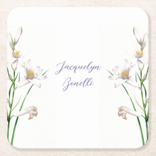 Floral Elegant Chic Calligraphy Name Lithograph Square Paper Coaster
