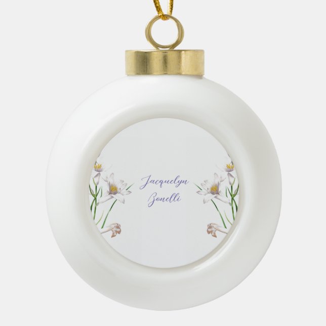 Floral Elegant Chic Cute Calligraphy Add Name Ceramic Ball Christmas Ornament (Front)