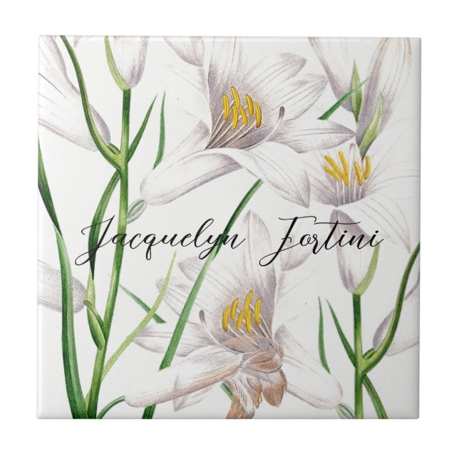 Floral Elegant Chic Cute Calligraphy Add Name Ceramic Tile (Front)