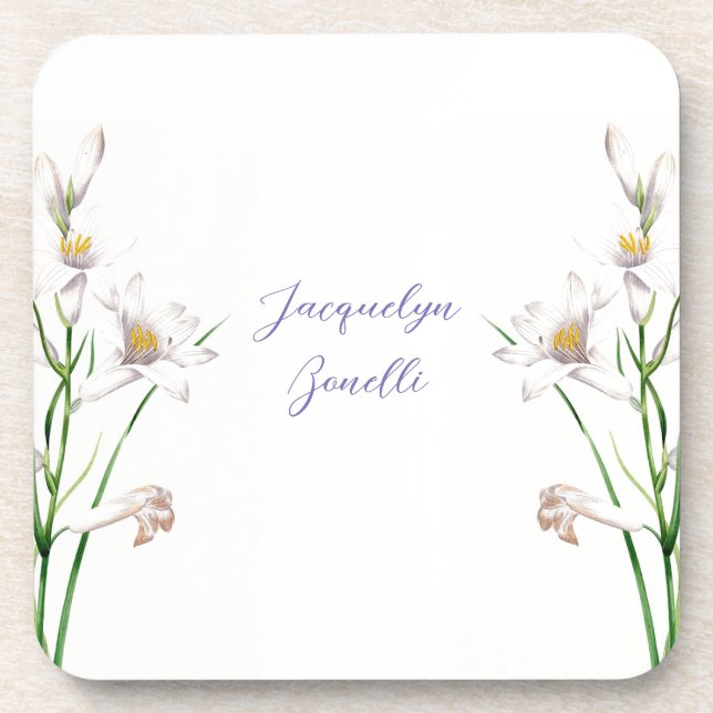 Floral Elegant Chic Cute Calligraphy Add Name Coaster (Front)