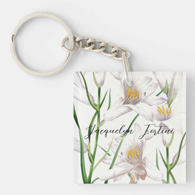 Floral Elegant Chic Cute Calligraphy Add Name Key Ring (Front)