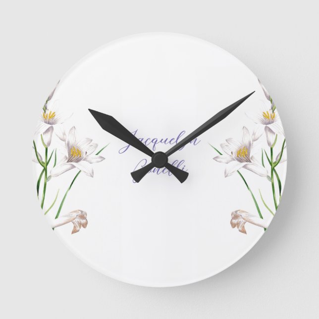 Floral Elegant Chic Cute Calligraphy Add Name Round Clock (Front)