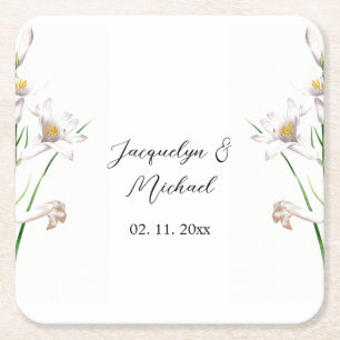 Floral Elegant Chic Cute Calligraphy Add Name Square Paper Coaster