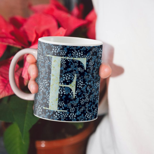 Floral Elegant Classy Monogram F blue w/phrase Coffee Mug (Creator Uploaded)