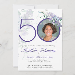 Floral Elegant Custom Purple Photo 50th Birthday Invitation