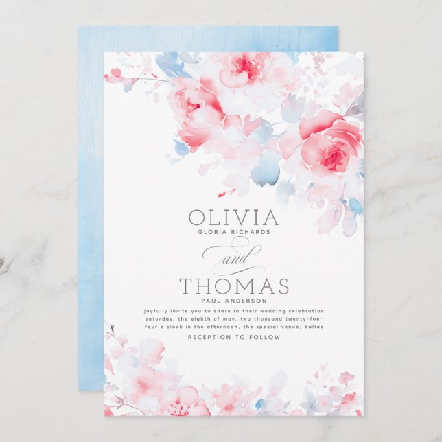 Floral Elegant Dusty Blue and Pink Wedding Invitation (Front/Back)