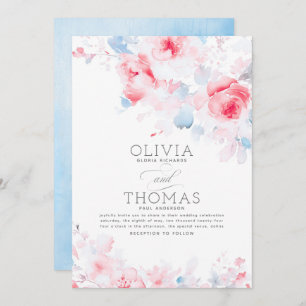 Floral Elegant Dusty Blue and Pink Wedding Invitation