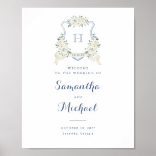 Floral Elegant Dusty Blue Crest Welcome Sign