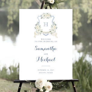Floral Elegant Dusty Blue Crest Welcome Sign