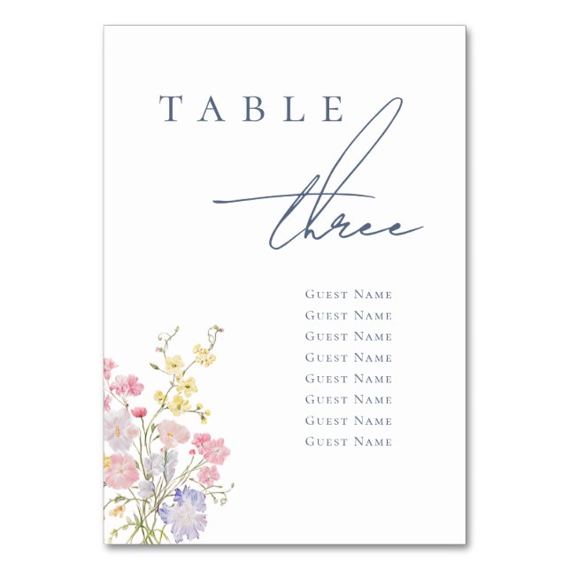 Floral Elegant Dusty Blue Script Wedding Table Number (Front)