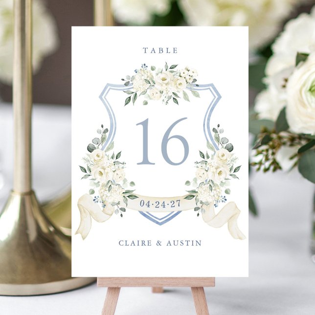 Floral Elegant Dusty Blue White Crest Table Number (Creator Uploaded)