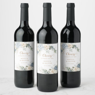 Floral Elegant Dusty Blue White Greenery Wedding Wine Label