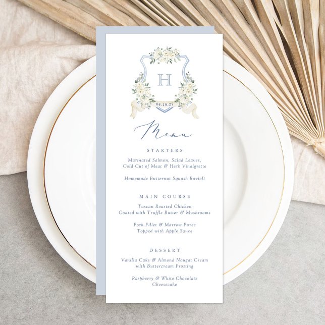 Floral Elegant Dusty Blue White Wedding Crest Menu (Creator Uploaded)