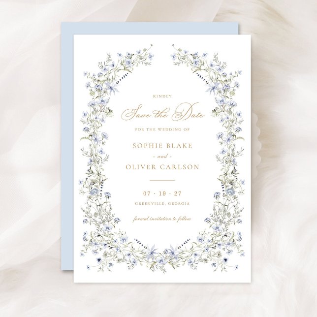 Floral Elegant Dusty Blue Wreath Save the Date Invitation (Creator Uploaded)