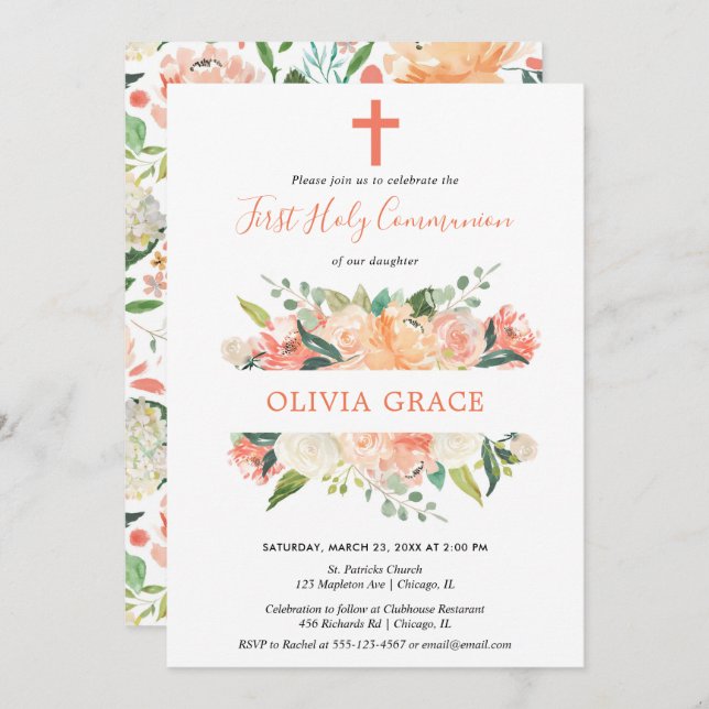 Floral elegant first holy communion girl invitation (Front/Back)