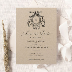 Floral Elegant French Roses Crest Kraft Save Date Invitation