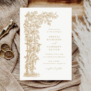 Floral Elegant French Roses Trellis Gold Wedding Invitation
