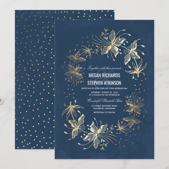 Floral Elegant Gold and Navy Wedding Invitation (Front/Back)