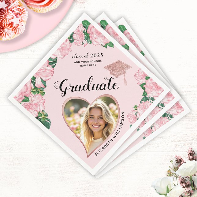 Floral Elegant Grads Photo 2025 Pink Graduation Napkin (Creator Uploaded)