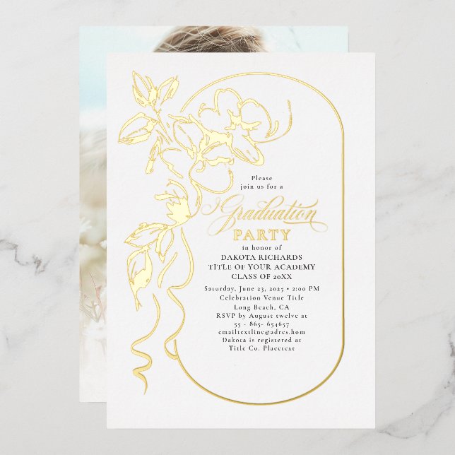 Floral Elegant Graduation Party Photo Gold (Front/Back)